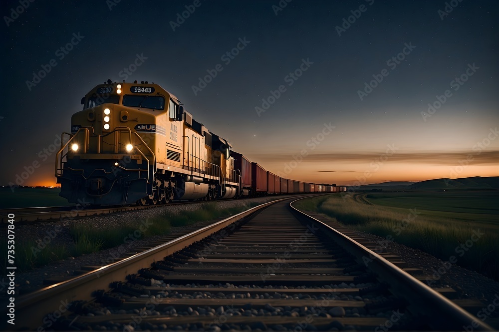 The train runs at night under the starry sky