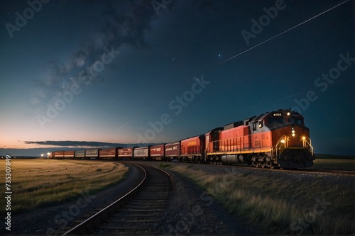 The train runs at night under the starry sky