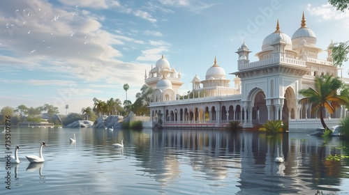 batch_At the edge of a tranquil lake, a grand palace rises from the water, its shimmering white marble reflecting the azure sky above. Elaborate archways and domes adorn the palace's façade 