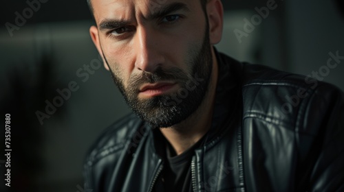 Edgy Close-up Portrait of Bearded Man in Black Leather Jacket
