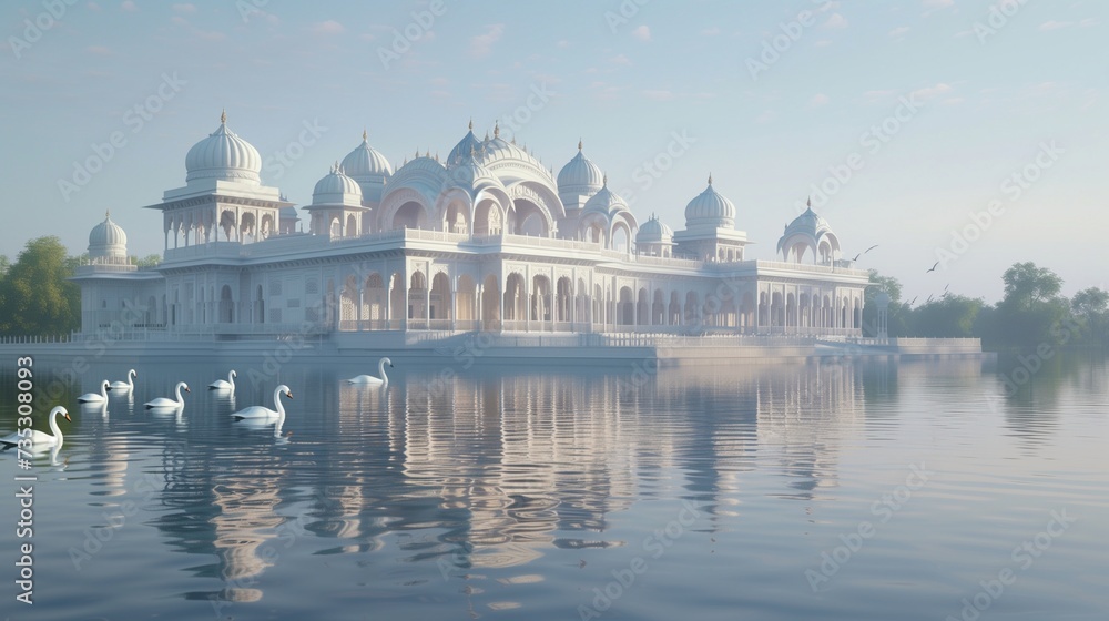 batch_At the edge of a tranquil lake, a grand palace rises from the water, its shimmering white marble reflecting the azure sky above. Elaborate archways and domes adorn the palace's façade 1