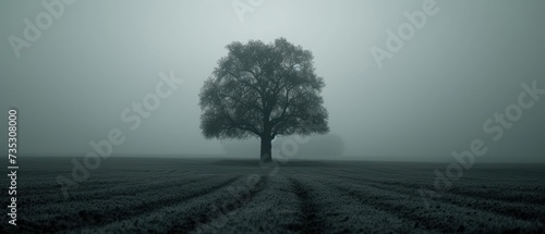 a lone tree in the middle of a field in a foggy, foggy, and gloomy day. photo