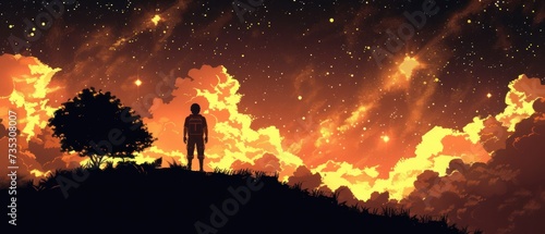 a man standing on top of a hill in front of a sky filled with stars and a tree on top of a hill.