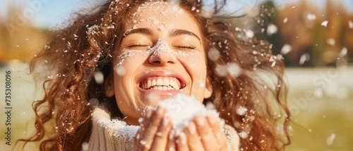 a woman with her eyes closed and her hands in front of her face as she blows snow in the air.