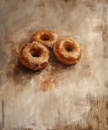 a painting of three doughnuts sitting on top of a piece of parchment paper on a brown tablecloth. photo