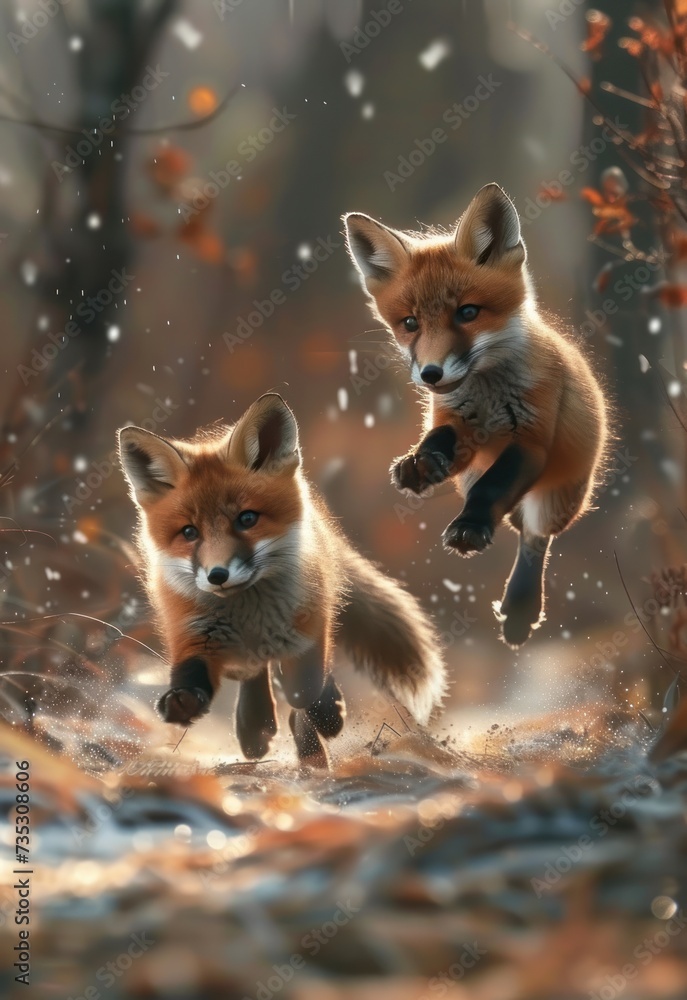 a painting of two foxes jumping in the air in a forest with snow falling on the ground and trees in the background.