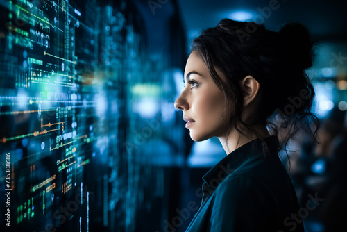 Woman, coder or trader in front of monitor with futuristic hologram analyzing data.