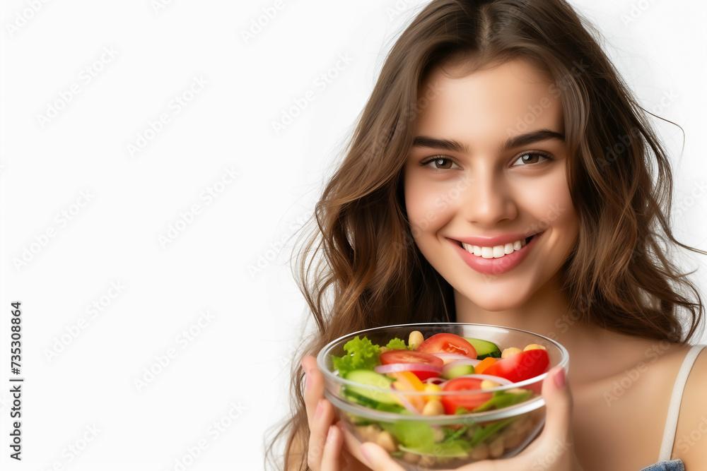 A beautiful healthy woman holding a bowl of vegetables salad with a bright smiling on white background, Organic for health and healthy eating concept. A beautiful healthy woman holding a bowl of vegetables salad with a bright smiling on white background, Organic for health and healthy eating concept.
