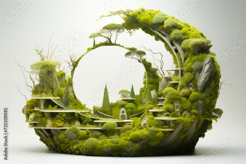 Houses are located on cliff with trees and moss. Beautiful figurine with fairy-tale houses in rocky forest.