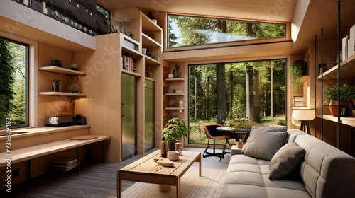Au cœur de la forêt, une petite maison dévoile un intérieur lumineux et chaleureux. Le bois moderne crée une atmosphère accueillante, fusionnant harmonieusement avec la nature environnante. 