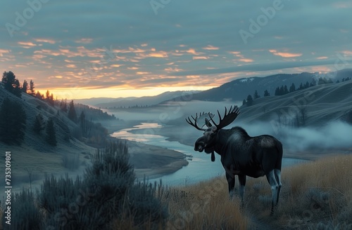 a moose standing on top of a grass covered hillside next to a river in the middle of a foggy forest.