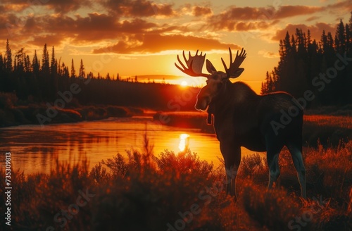 a moose standing on top of a grass covered field next to a body of water with the sun setting in the background.
