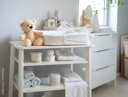 Pastel grey nursing room with changing table and baby stuff photo