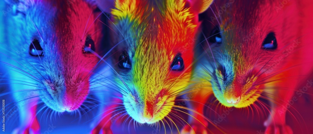 a group of multicolored mice standing next to each other in front of a red, yellow, blue, and green background.