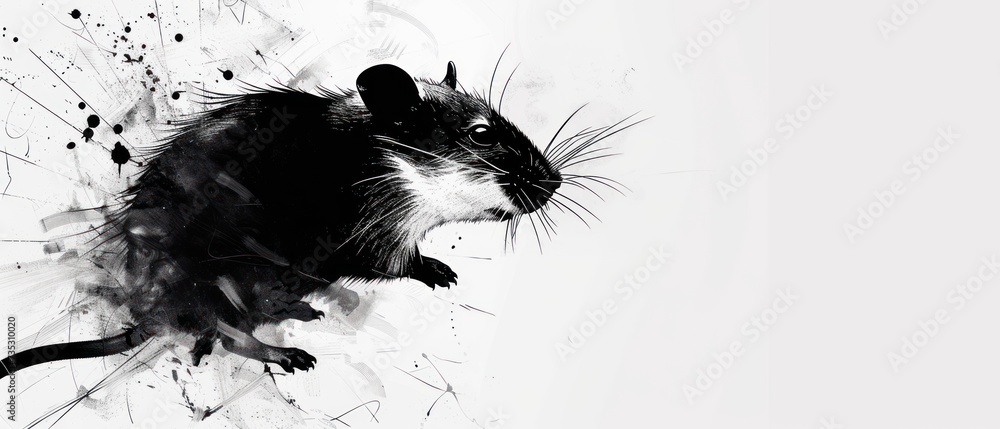 a black and white picture of a rat on a white background with a splash of paint on the left side of the image.