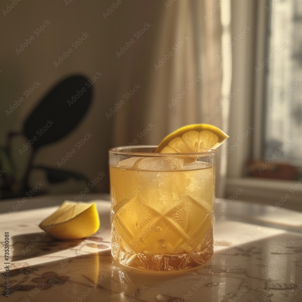 a glass of lemonade sitting on top of a table next to a slice of lemon next to a window. a glass of lemonade sitting on top of a table next to a slice of lemon next to a window.