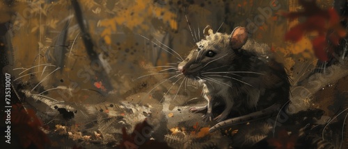 a painting of a mouse sitting on a tree branch in a forest with yellow and red leaves on the ground.