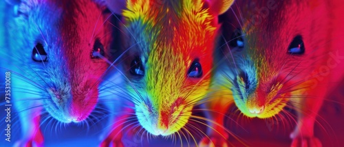 a group of multicolored mice standing next to each other in front of a red  yellow  blue  and green background.
