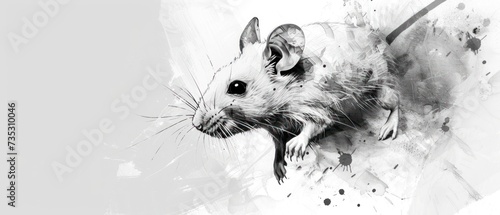 a black and white picture of a rat on a white background with a splash of paint on the side of it. photo