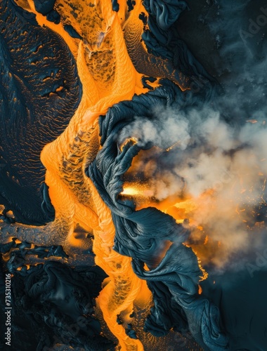 an aerial view of lava and steam rising from the surface of a volcano in the middle of a body of water. photo