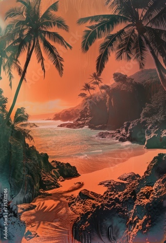 a painting of a beach with palm trees in the foreground and a sunset in the background with a red sky.