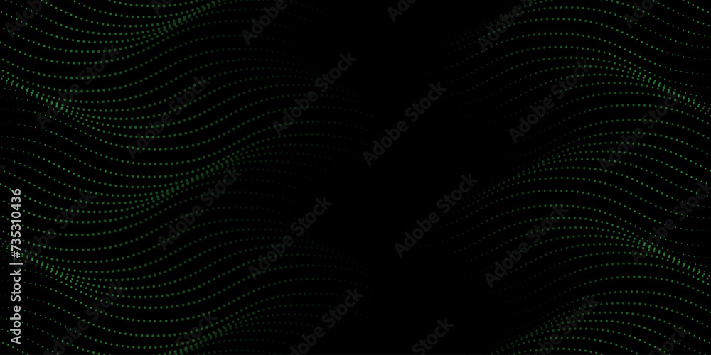 Vector wavy lines form a smooth curve, smooth dynamic green gradient light isolated on black background for the concept of technology, digital technology, communication, science, music.
