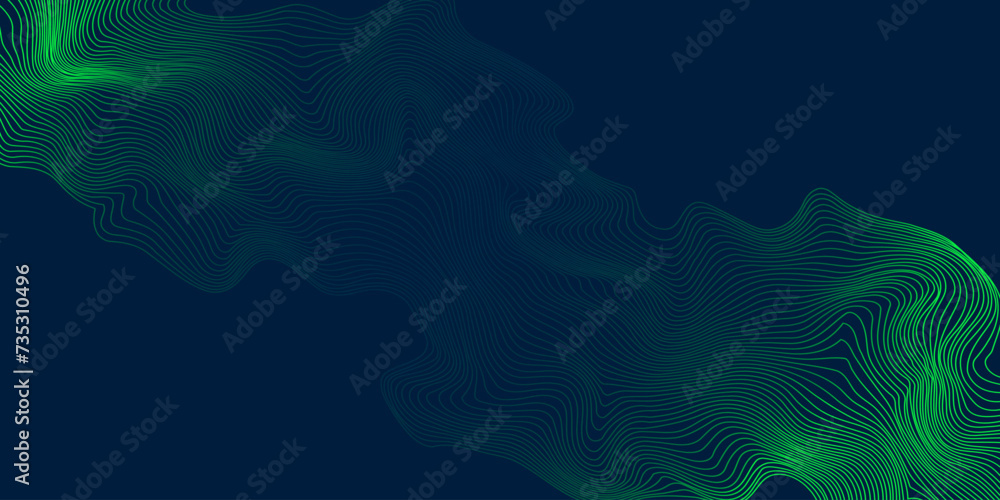 Vector wavy lines form a smooth curve, smooth dynamic green gradient light isolated on blue background for technology, digital technology, communication, science, music concept.