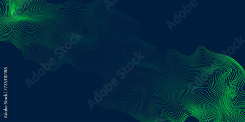 Vector wavy lines form a smooth curve, smooth dynamic green gradient light isolated on blue background for technology, digital technology, communication, science, music concept.