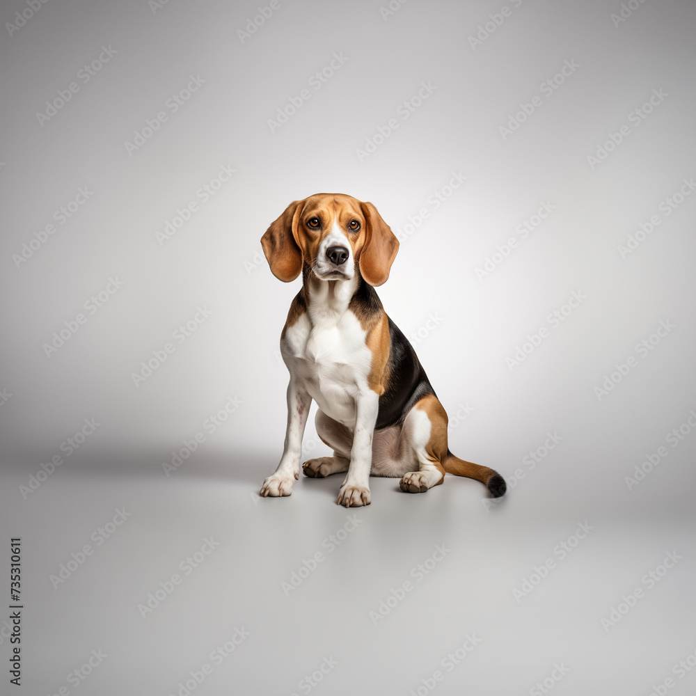 Beagle dog sitting on white background and looking at the camera, studio shooting