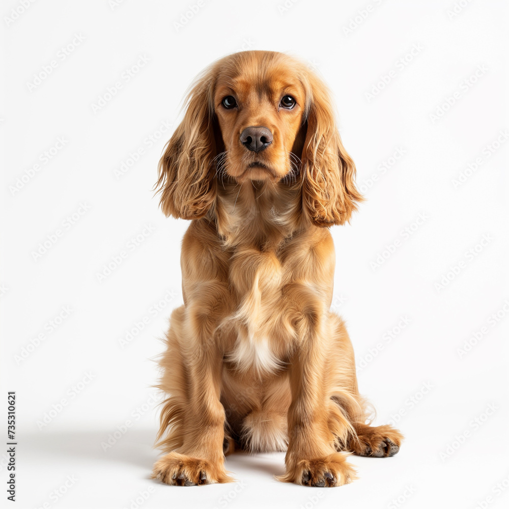 English cocker spaniel dog sitting on white background and looking at the camera, studio shooting