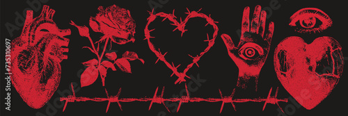 Gothic elements with a retro photocopy effect. Broken heart, barbed wire and other trendy Y2K elements. Grain effect and stippling. Vector dots texture.	