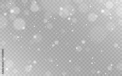 Bokeh light. White particles effect. Bright silver circles. Shining dust background. Glowing sparks texture. Magic bokeh lights and flares. Vector illustration