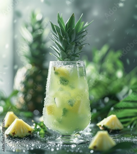 a pineapple drink in a glass with a pineapple on the side of the glass and pineapples on the side of the glass. photo