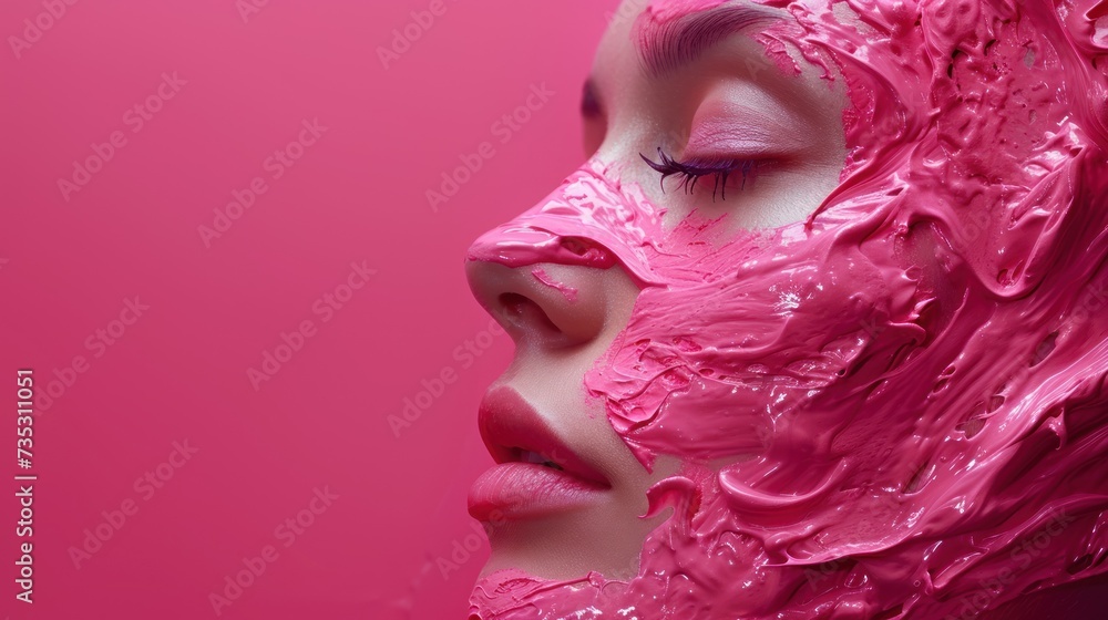 a close up of a woman's face with pink paint on her face and a pink wall behind her. a close up of a woman's face with pink paint on her face and a pink wall behind her.