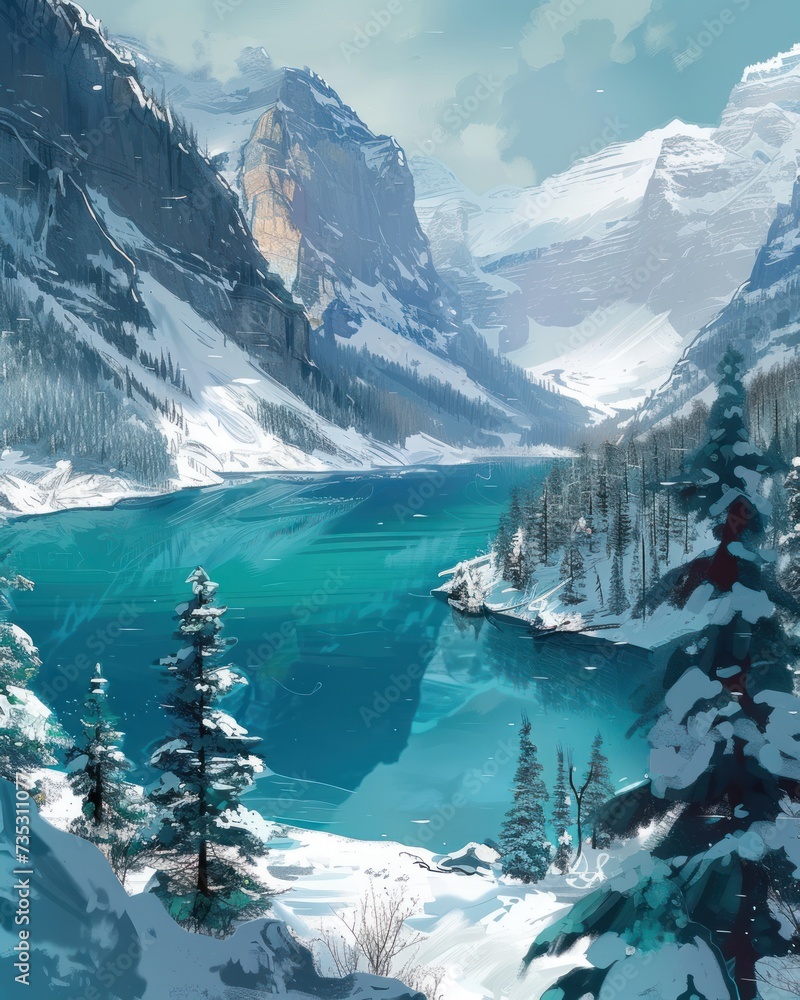 a painting of a snowy mountain lake surrounded by pine trees and snow covered mountains with a blue body of water in the foreground.