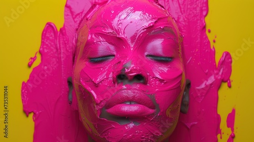 a woman s face is covered in pink paint and has her eyes closed to the side of her face.