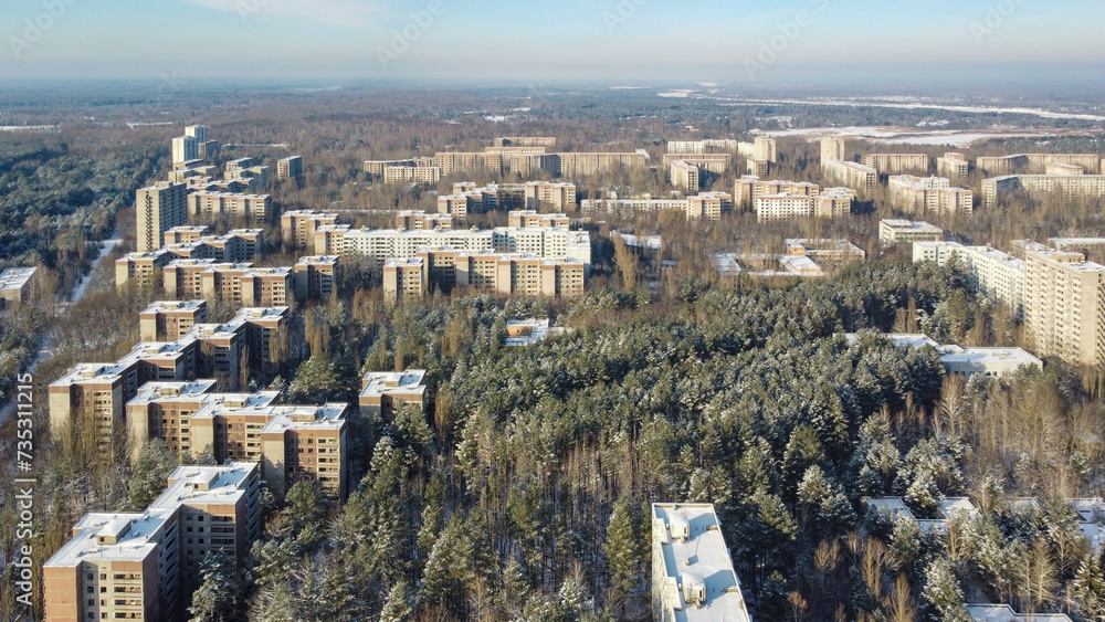 Aerial view of abandoned city Pripyat in Chernobyl exclusion zone.