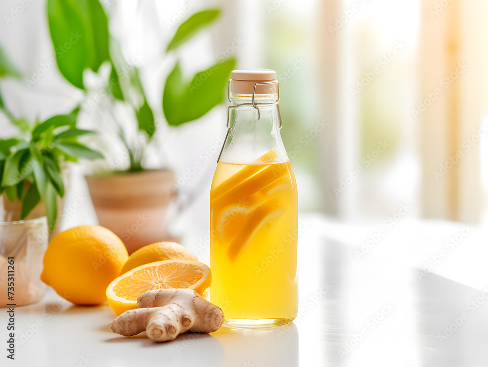 Orange and ginger drink juice in a glass bottle on kitchen table, blurry bright background 