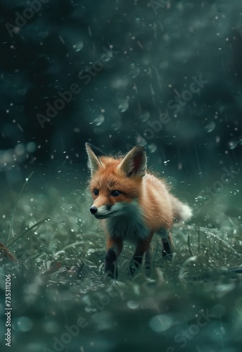 a red fox standing in a field of grass in the rain with drops of water on it's face.