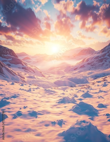 the sun shines brightly through the clouds over a snow - covered mountain range as the sun shines brightly in the distance.