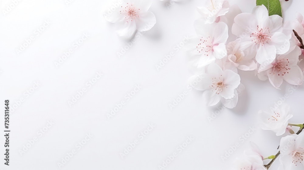 Spring composition of a bouquet of white daffodil flowers, top view with copy space on a white background