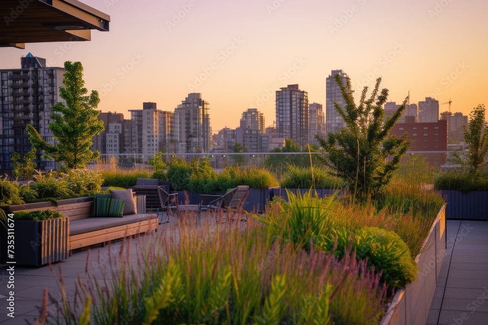 Luxurious rooftop garden terrace offers a peaceful retreat with modern outdoor furniture overlooking a stunning urban skyline during a warm sunset. Resplendent.