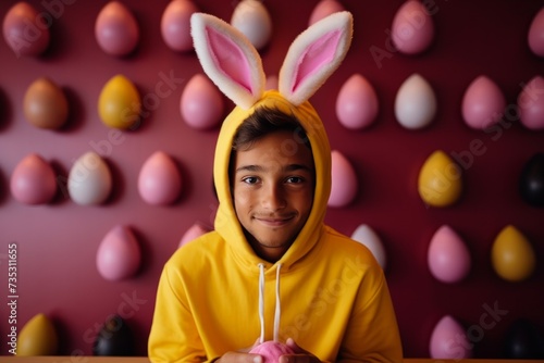 a young boy is holding an easter egg while wearing bunny ears