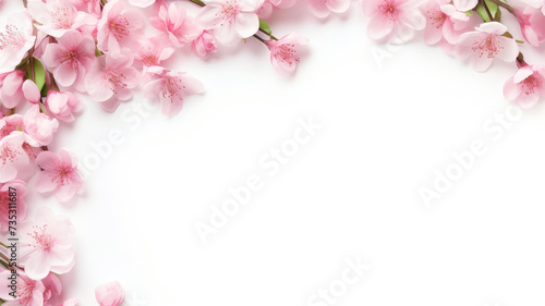 Spring composition of a bouquet of pink sakura flowers, top view with copy space on a white background