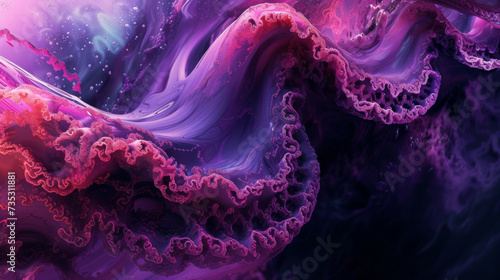 A hypnotic blend of purples pinks and blues representing the otherworldly aura of a deepsea expedition into the pitch black abyss where strange and fantastical creatures emerge