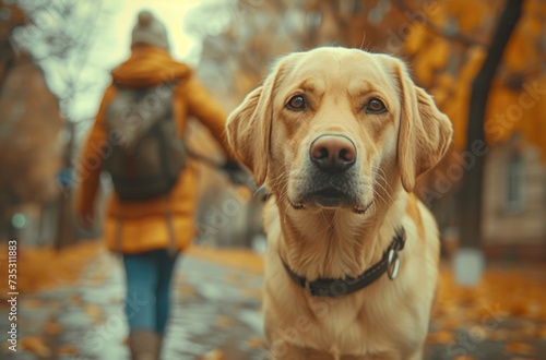 a woman pushing a yellow labrador dog down the street