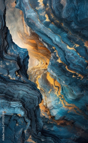 a close up of a rock formation with a blue and yellow substance in the middle of the picture and a yellow substance in the middle of the picture.