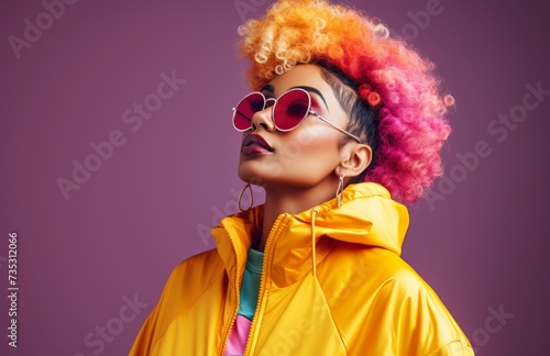 a woman wearing yellow sunglasses and a bright colored colored baseball jacket