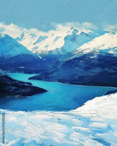 a painting of a mountain range with a lake in the foreground and snow on the mountains in the background.