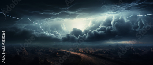 Apocalyptic Landscape with Intense Lightning Storm and Fiery Meteor Shower photo